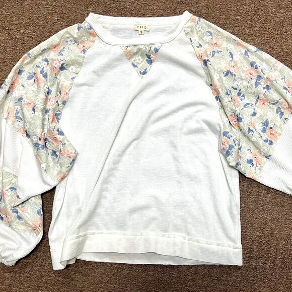 NWT LADIES SIZE S POL WHITE PINK BLUE FORAL RIBBED FRAY LONG SLEEVE SHIRT UKT309 - Picture 2 of 3